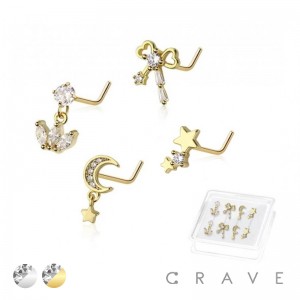 8PCS OF ASSORTED CZ DANGLE 316L SURGICAL STEEL L-SHAPE NOSE STUD BOX